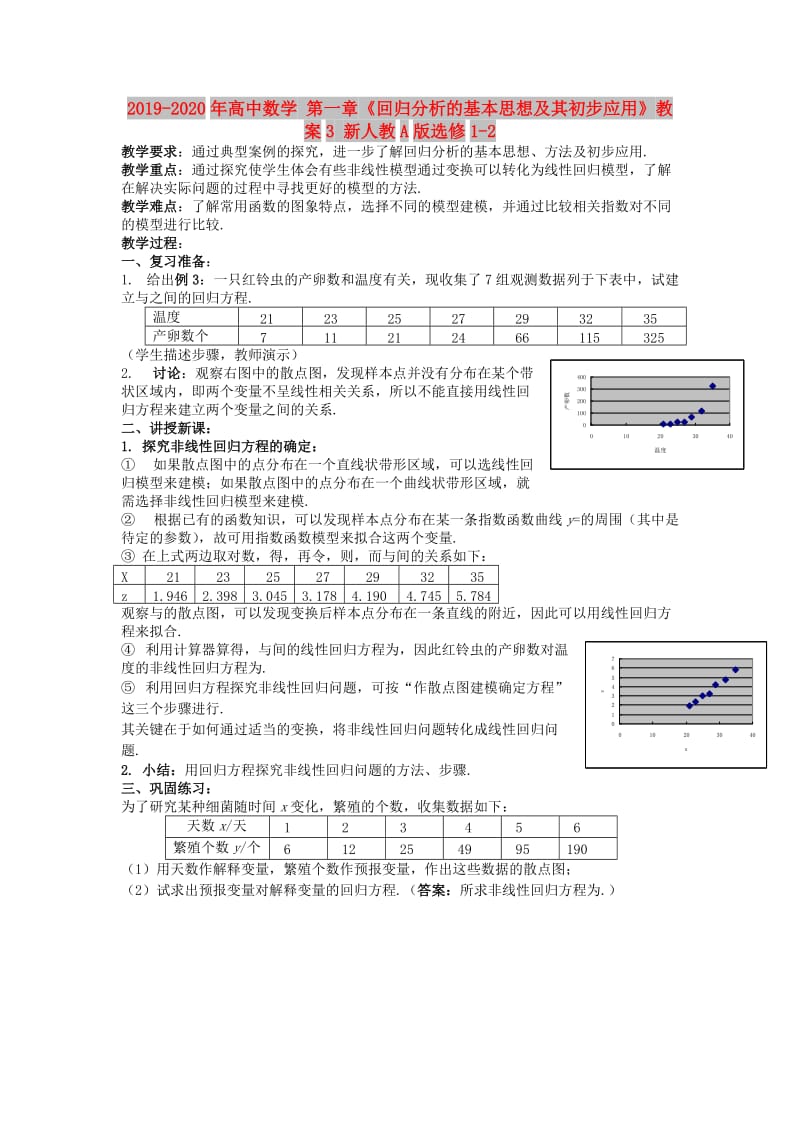 2019-2020年高中数学 第一章《回归分析的基本思想及其初步应用》教案3 新人教A版选修1-2.doc_第1页