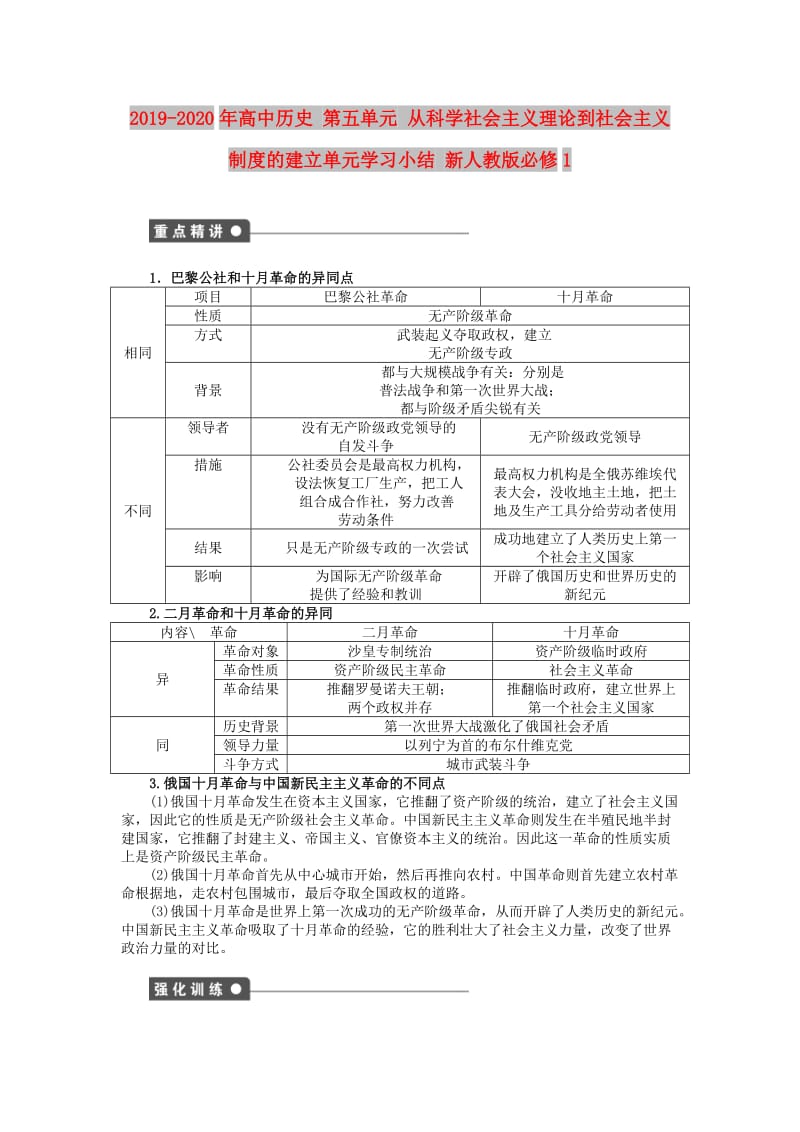 2019-2020年高中历史 第五单元 从科学社会主义理论到社会主义制度的建立单元学习小结 新人教版必修1.doc_第1页