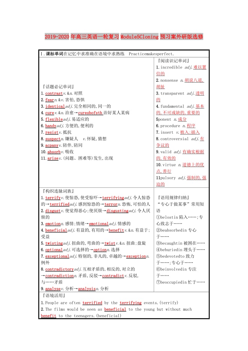 2019-2020年高三英语一轮复习Module5Cloning预习案外研版选修.doc_第1页