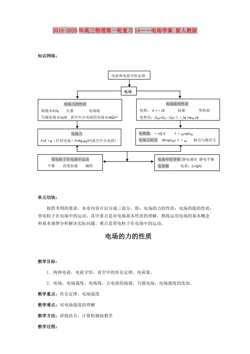 2019-2020年高三物理第一轮复习14——电场学案 新人教版.doc_第1页