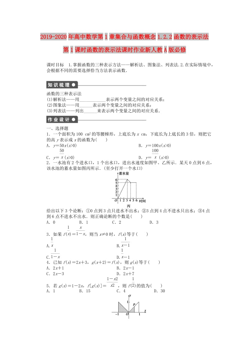 2019-2020年高中数学第1章集合与函数概念1.2.2函数的表示法第1课时函数的表示法课时作业新人教A版必修.doc_第1页