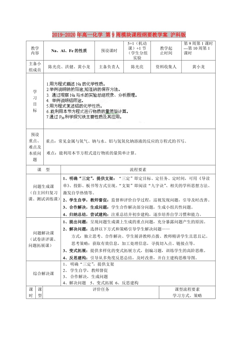 2019-2020年高一化学 第9周模块课程纲要教学案 沪科版.doc_第1页