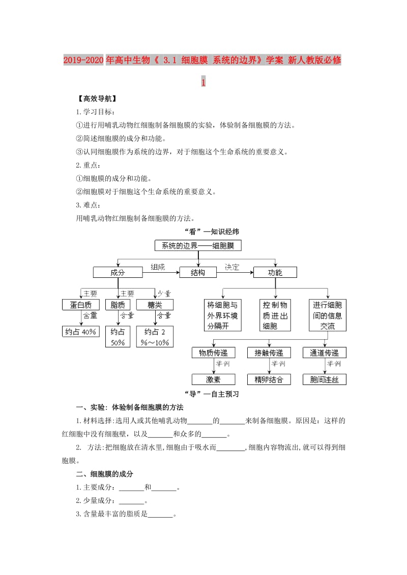 2019-2020年高中生物《 3.1 细胞膜 系统的边界》学案 新人教版必修1.doc_第1页