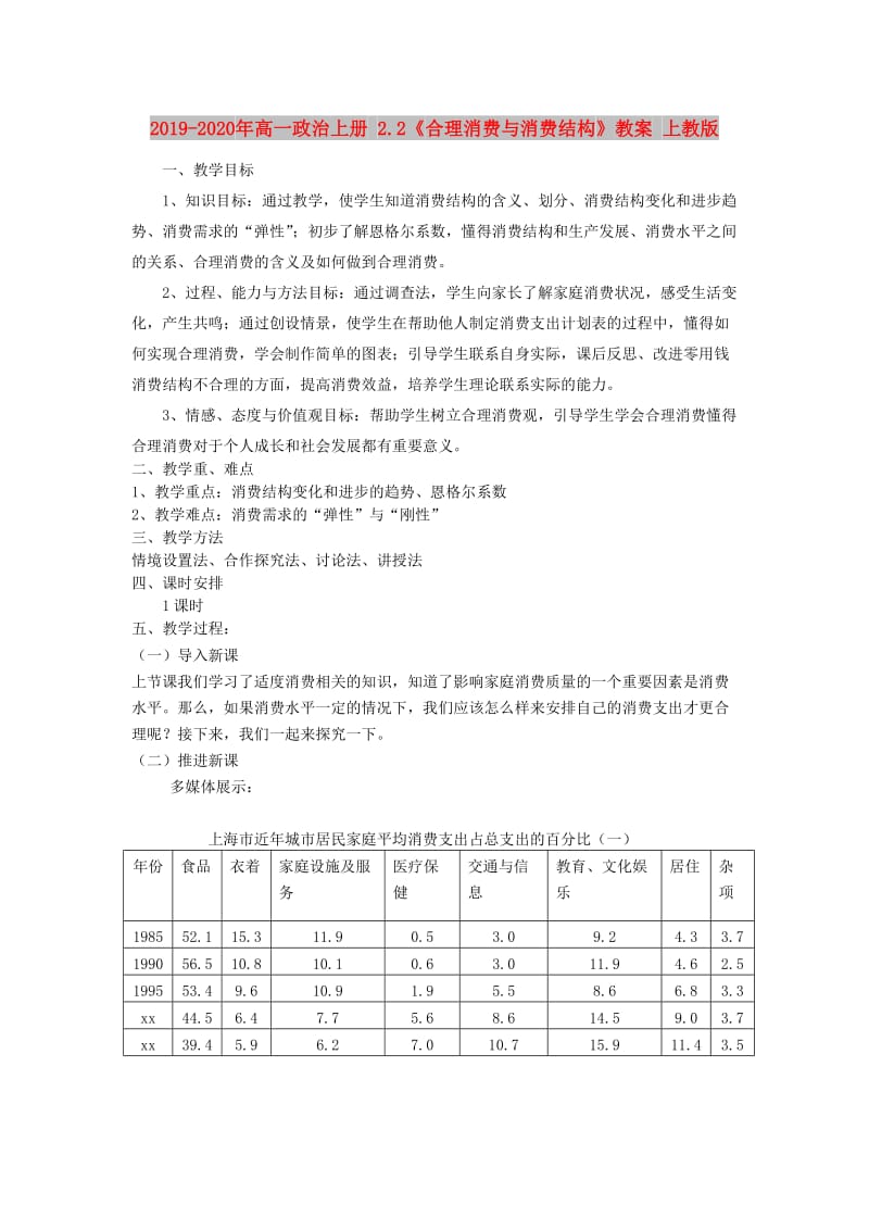 2019-2020年高一政治上册 2.2《合理消费与消费结构》教案 上教版.doc_第1页