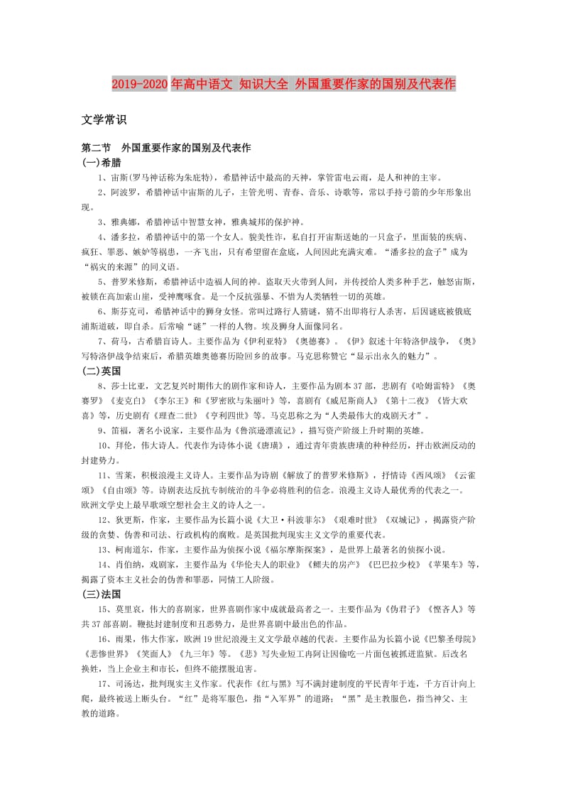 2019-2020年高中语文 知识大全 外国重要作家的国别及代表作.doc_第1页