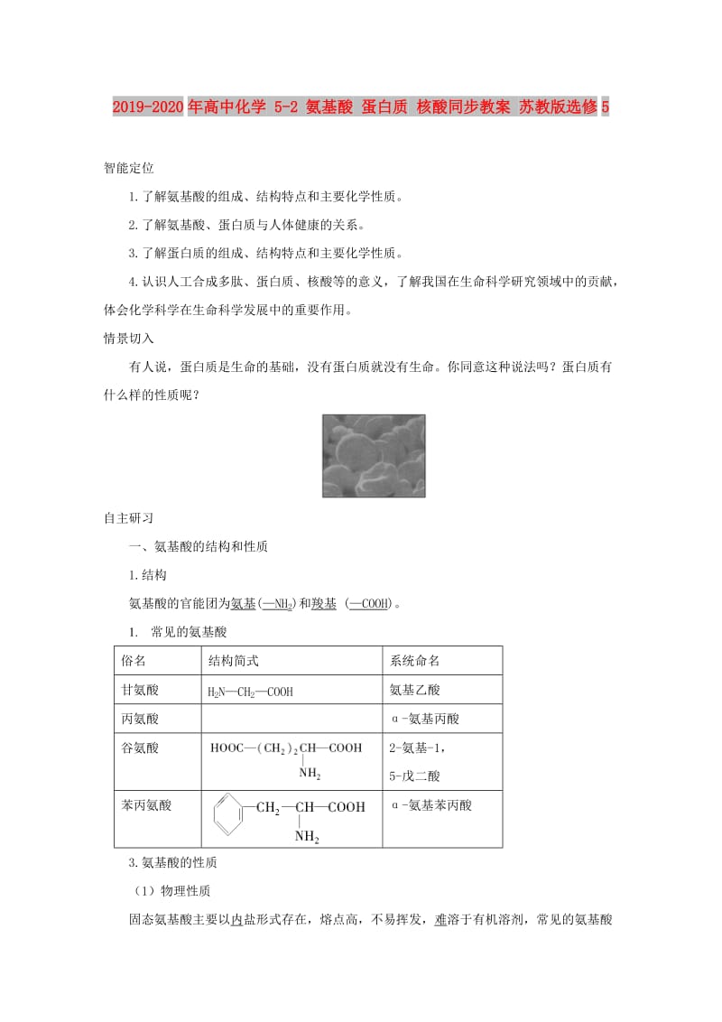 2019-2020年高中化学 5-2 氨基酸 蛋白质 核酸同步教案 苏教版选修5.doc_第1页