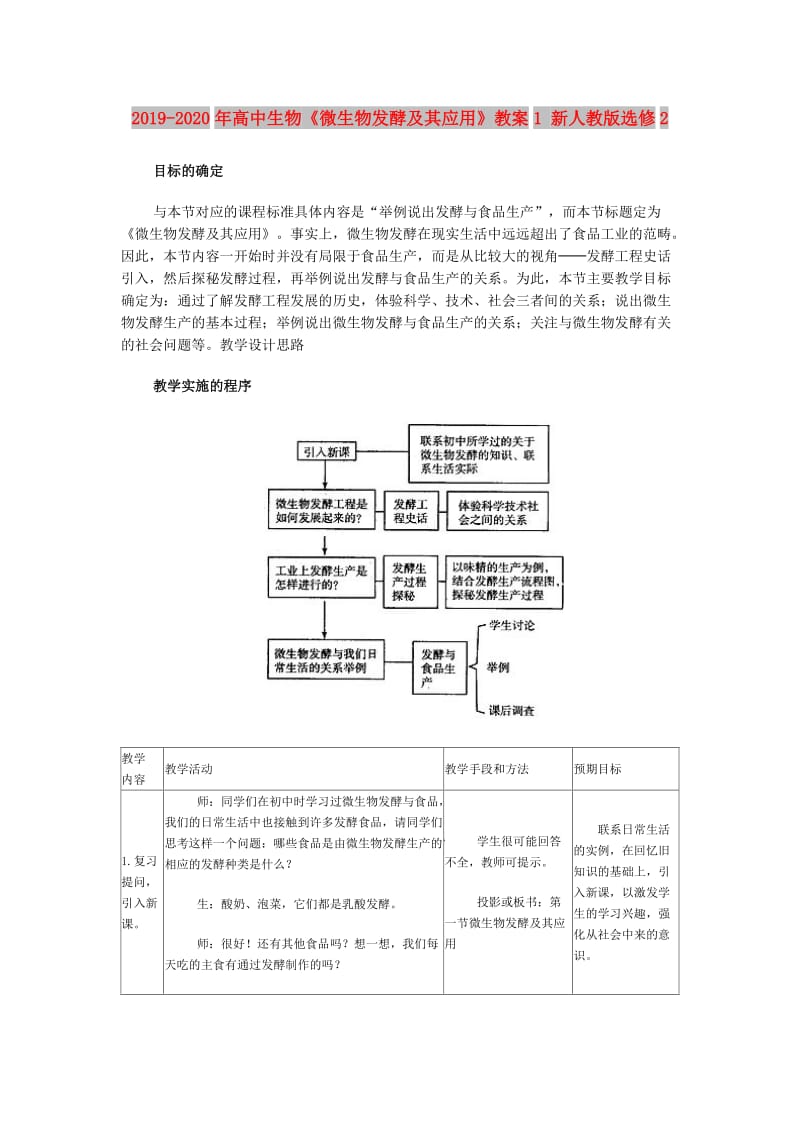 2019-2020年高中生物《微生物发酵及其应用》教案1 新人教版选修2.doc_第1页