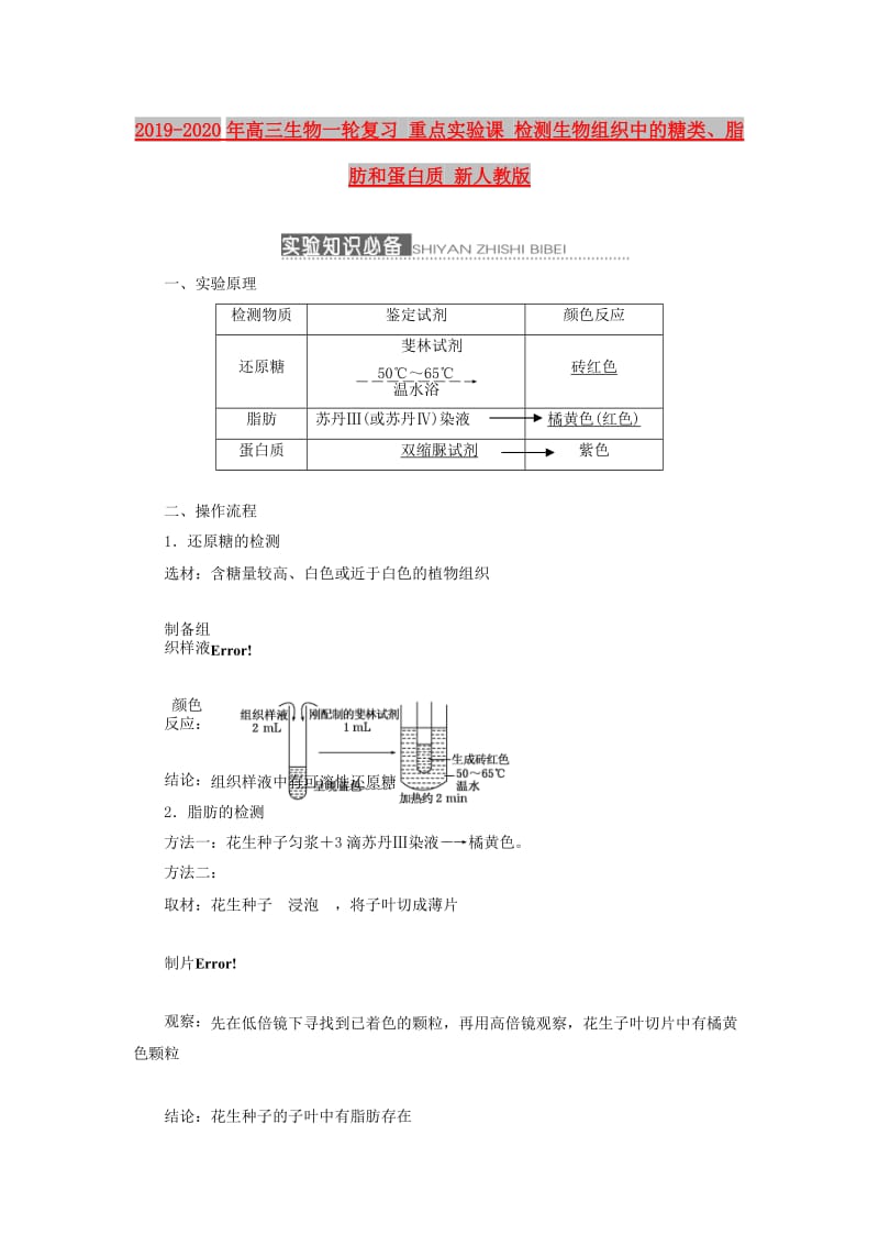 2019-2020年高三生物一轮复习 重点实验课 检测生物组织中的糖类、脂肪和蛋白质 新人教版.doc_第1页