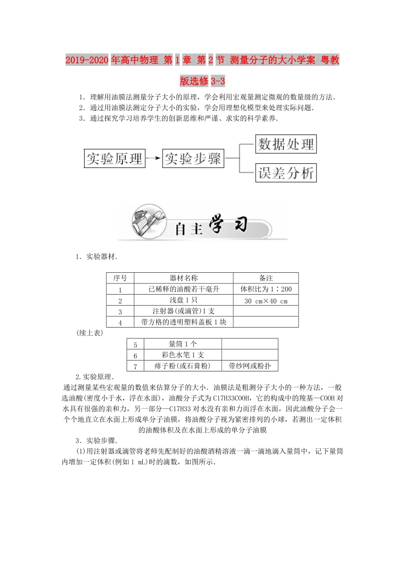 2019-2020年高中物理 第1章 第2节 测量分子的大小学案 粤教版选修3-3.doc_第1页