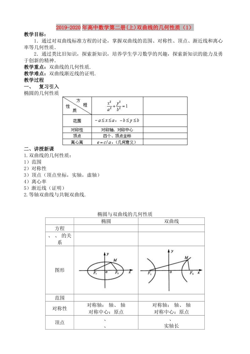 2019-2020年高中数学第二册(上)双曲线的几何性质（1）.doc_第1页