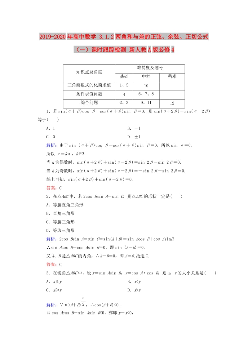 2019-2020年高中数学 3.1.2两角和与差的正弦、余弦、正切公式（一）课时跟踪检测 新人教A版必修4.doc_第1页