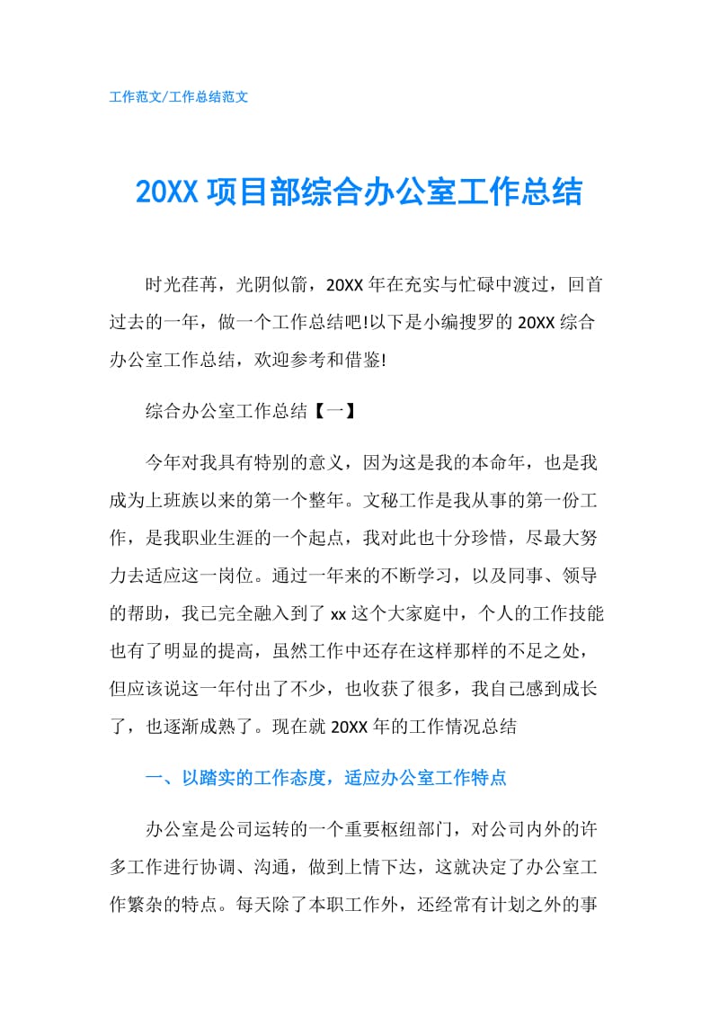 20XX项目部综合办公室工作总结.doc_第1页