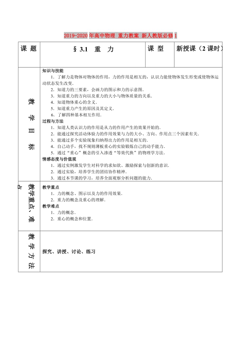 2019-2020年高中物理 重力教案 新人教版必修1.doc_第1页