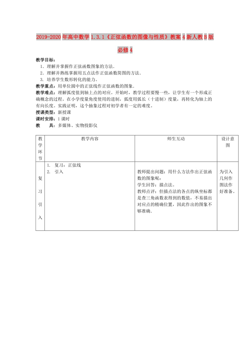 2019-2020年高中数学1.3.1《正弦函数的图像与性质》教案4新人教B版必修4.doc_第1页