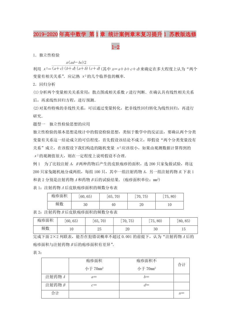 2019-2020年高中数学 第1章 统计案例章末复习提升1 苏教版选修1-2.doc_第1页