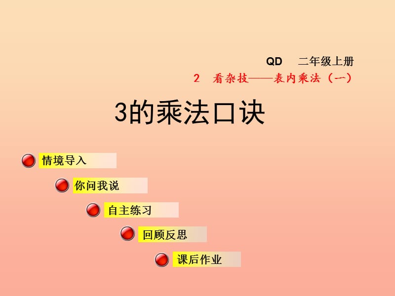 2019秋二年级数学上册第二单元信息窗3第1课时3的乘法口诀课件青岛版.ppt_第1页