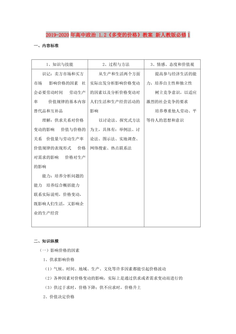 2019-2020年高中政治 1.2《多变的价格》教案 新人教版必修1.doc_第1页