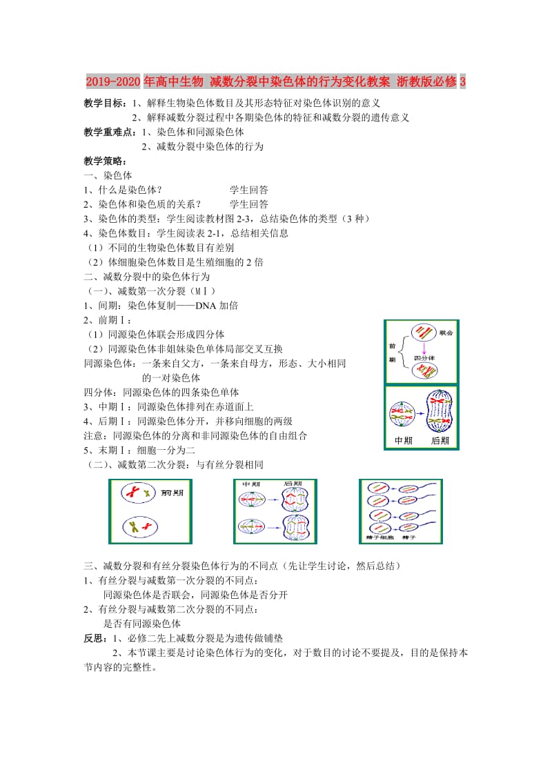 2019-2020年高中生物 减数分裂中染色体的行为变化教案 浙教版必修3.doc_第1页