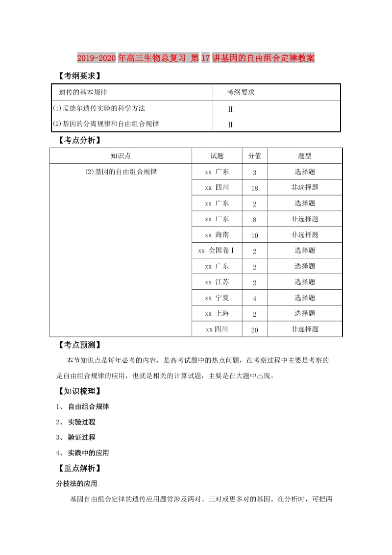 2019-2020年高三生物总复习 第17讲基因的自由组合定律教案.doc_第1页