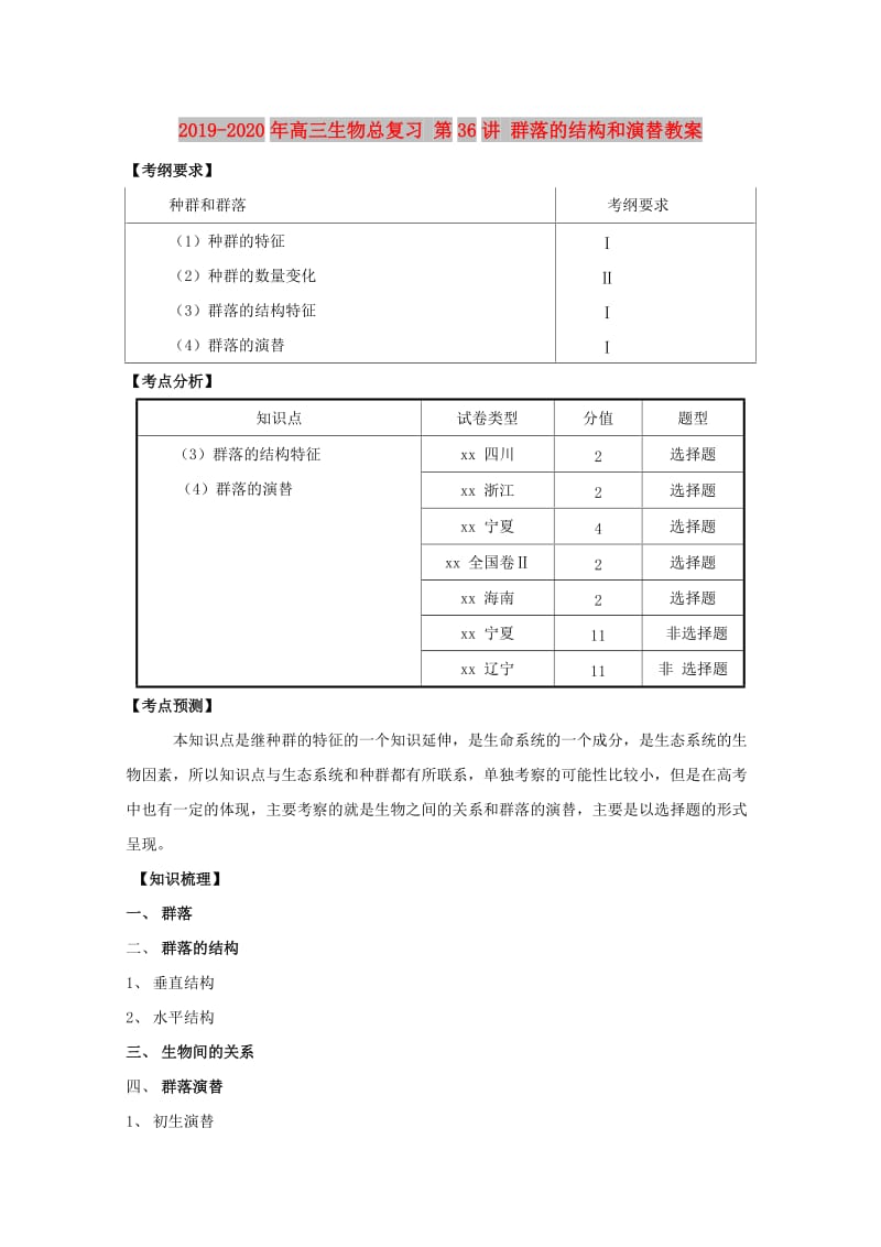 2019-2020年高三生物总复习 第36讲 群落的结构和演替教案.doc_第1页