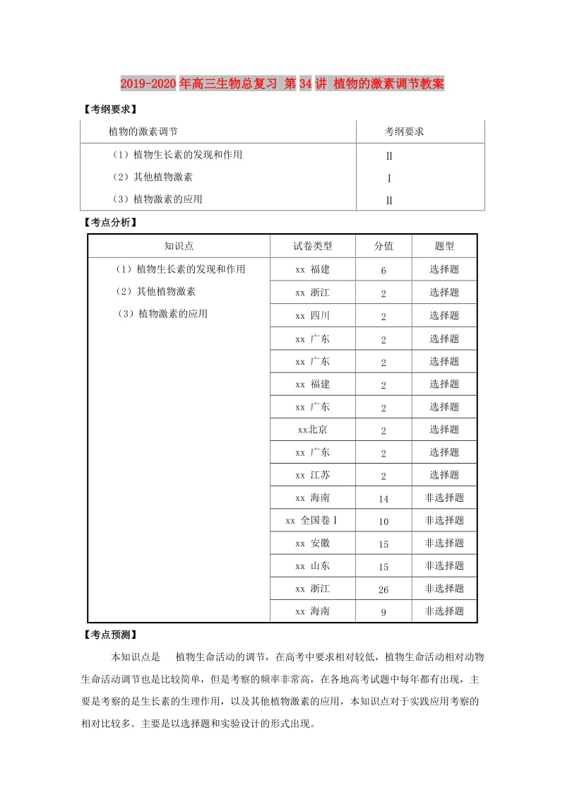 2019-2020年高三生物总复习 第34讲 植物的激素调节教案.doc_第1页