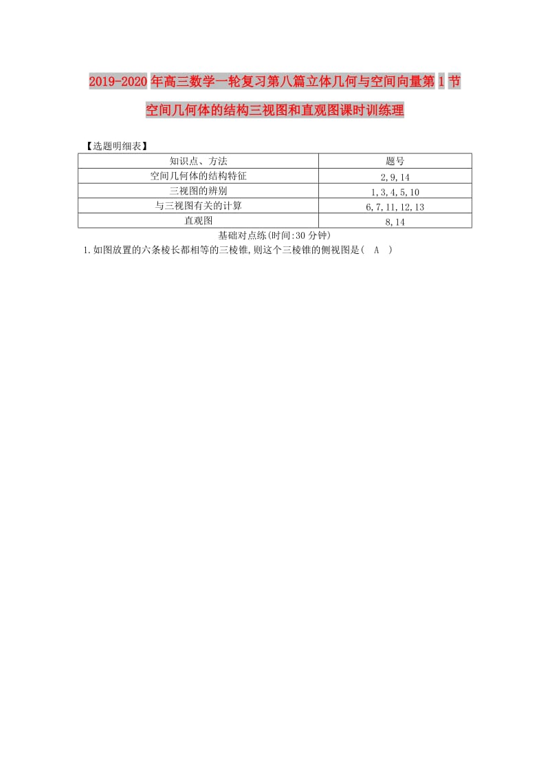 2019-2020年高三数学一轮复习第八篇立体几何与空间向量第1节空间几何体的结构三视图和直观图课时训练理.doc_第1页