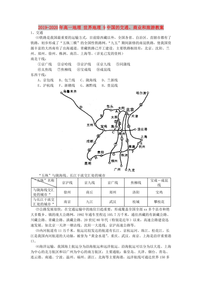 2019-2020年高一地理 世界地理 9中国的交通、商业和旅游教案.doc_第1页