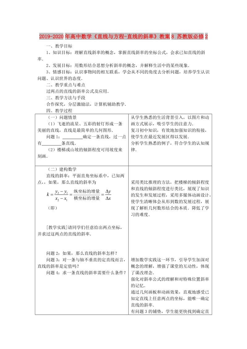 2019-2020年高中数学《直线与方程-直线的斜率》教案8 苏教版必修2.doc_第1页