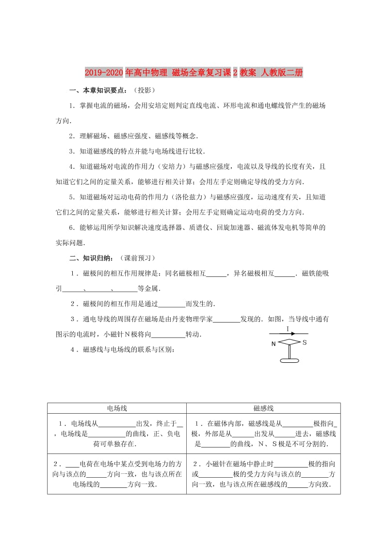 2019-2020年高中物理 磁场全章复习课2教案 人教版二册.doc_第1页