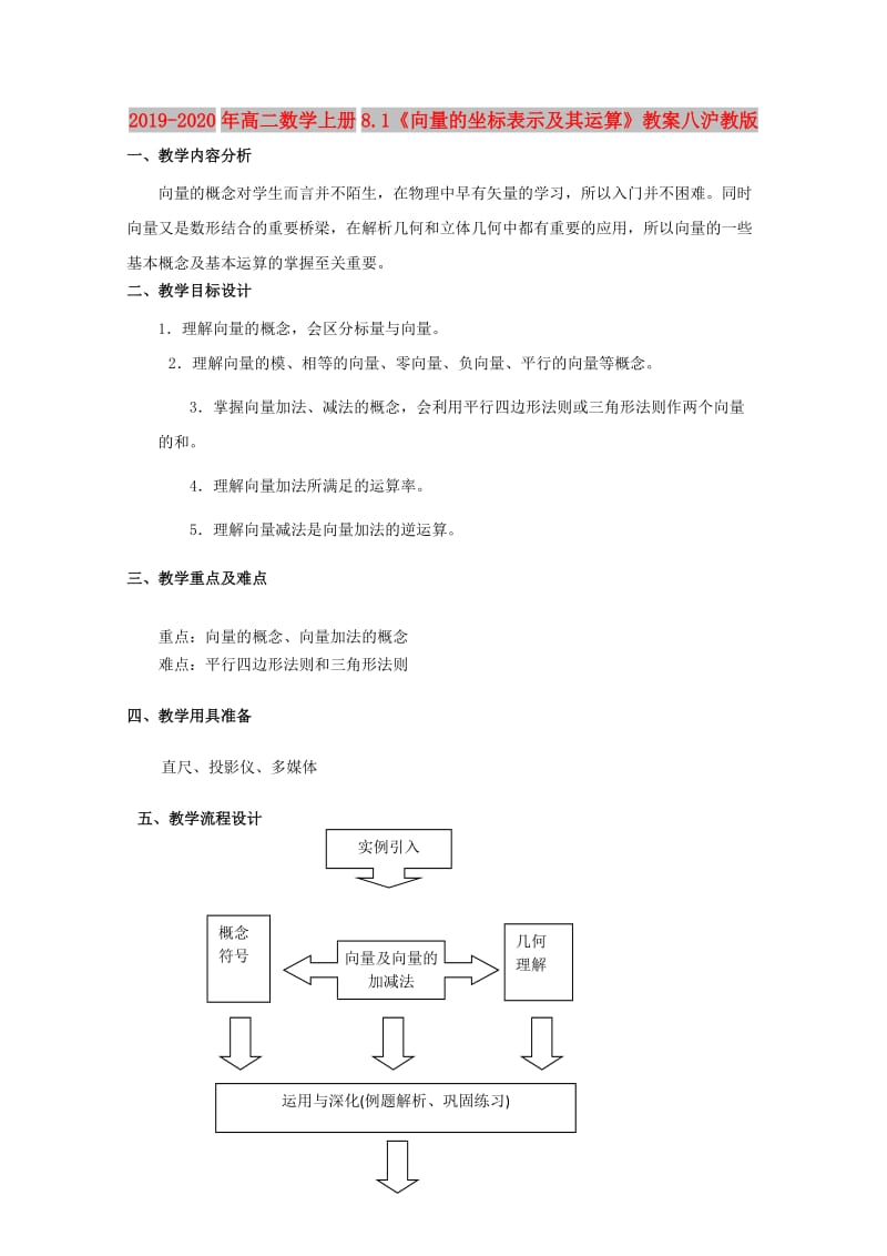 2019-2020年高二数学上册8.1《向量的坐标表示及其运算》教案八沪教版.doc_第1页