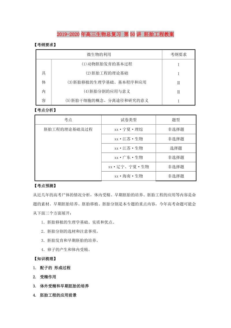 2019-2020年高三生物总复习 第50讲 胚胎工程教案.doc_第1页