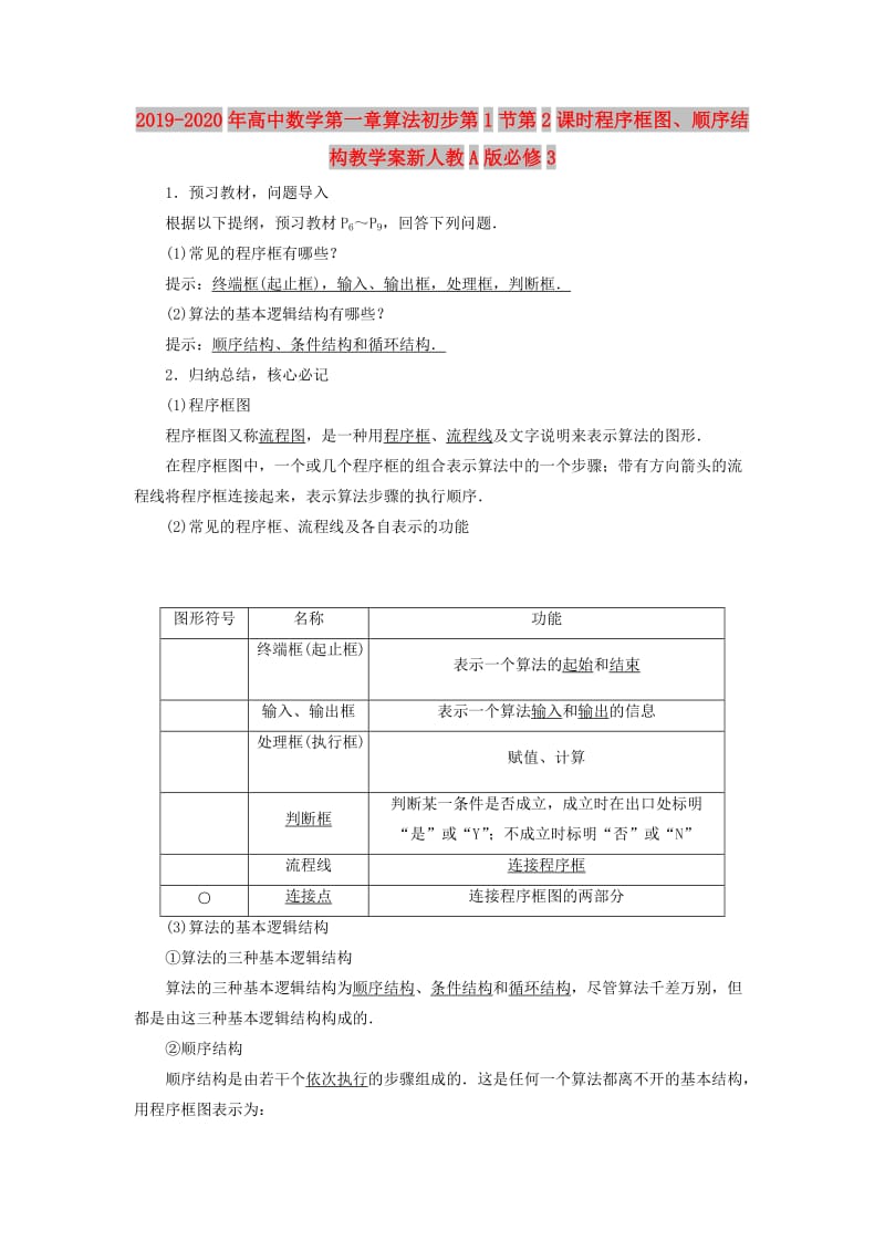 2019-2020年高中数学第一章算法初步第1节第2课时程序框图、顺序结构教学案新人教A版必修3.doc_第1页