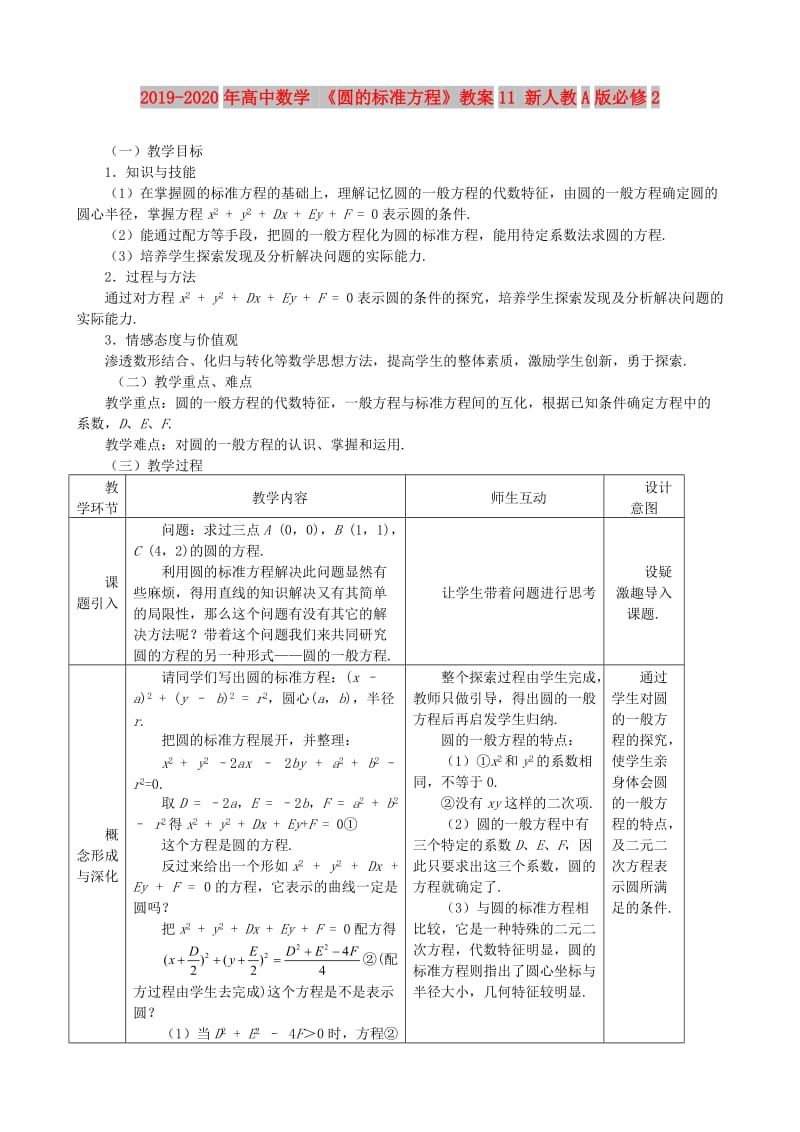 2019-2020年高中数学 《圆的标准方程》教案11 新人教A版必修2.doc_第1页