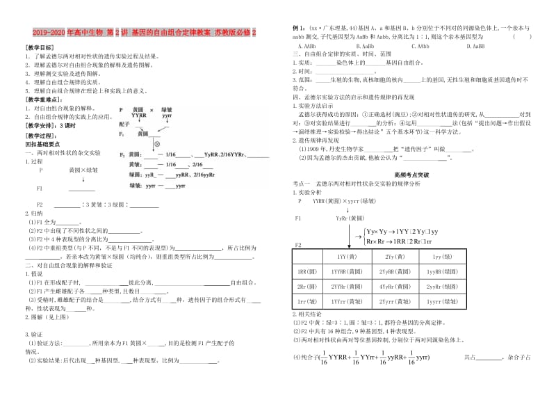 2019-2020年高中生物 第2讲 基因的自由组合定律教案 苏教版必修2.doc_第1页