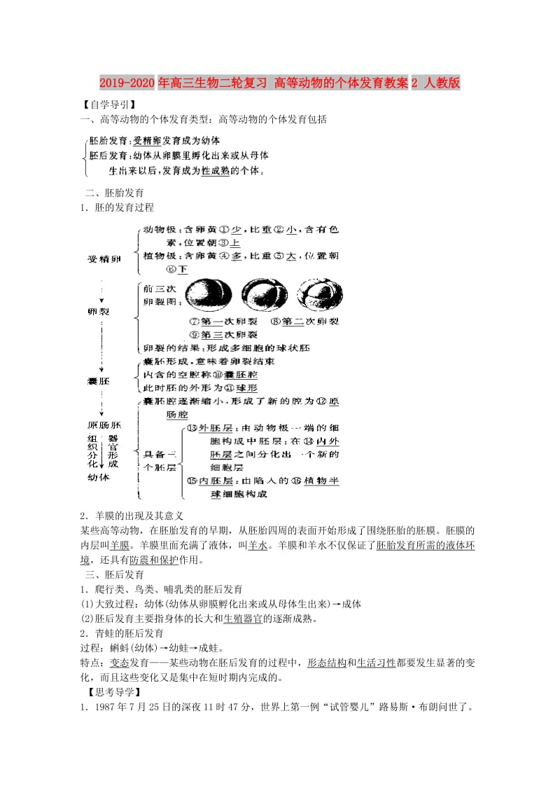 2019-2020年高三生物二轮复习 高等动物的个体发育教案2 人教版.doc_第1页