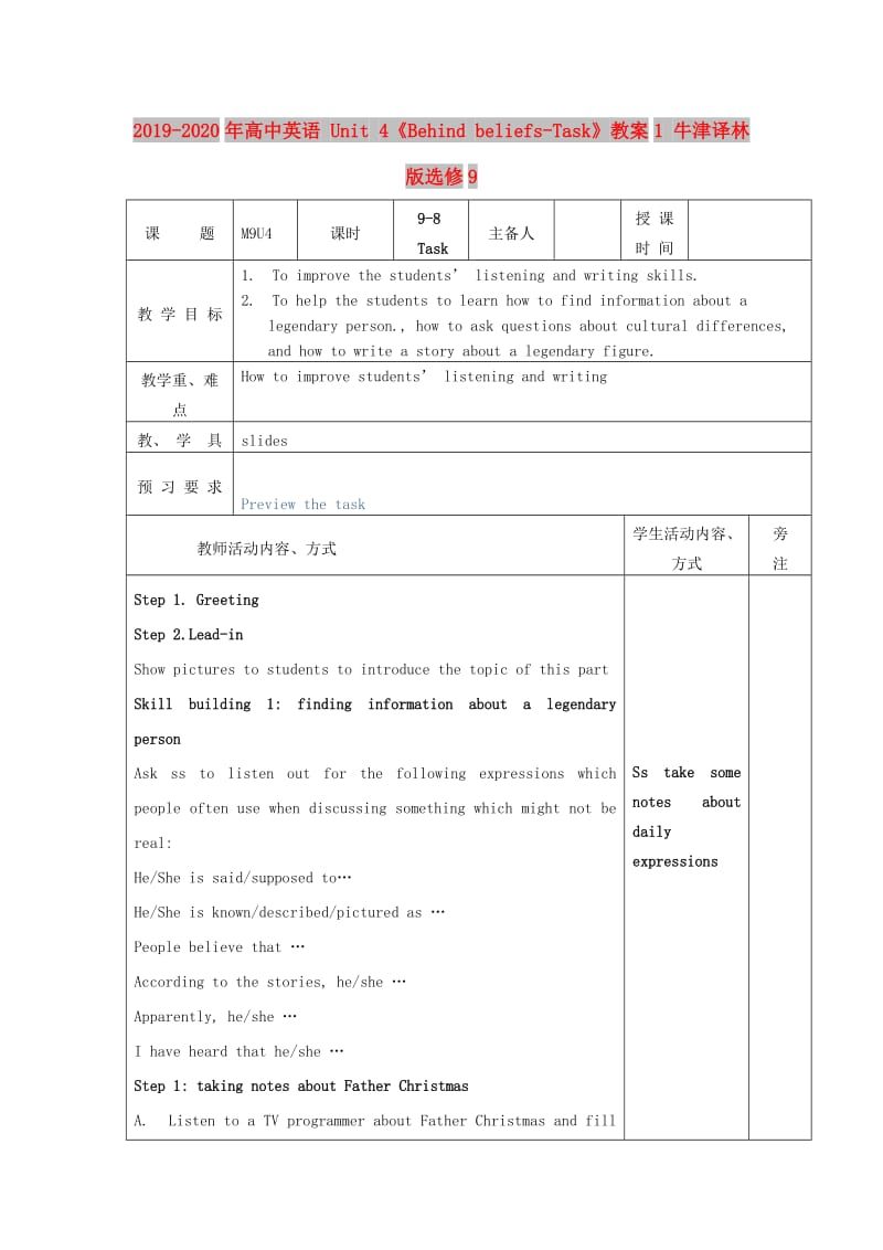 2019-2020年高中英语 Unit 4《Behind beliefs-Task》教案1 牛津译林版选修9.doc_第1页