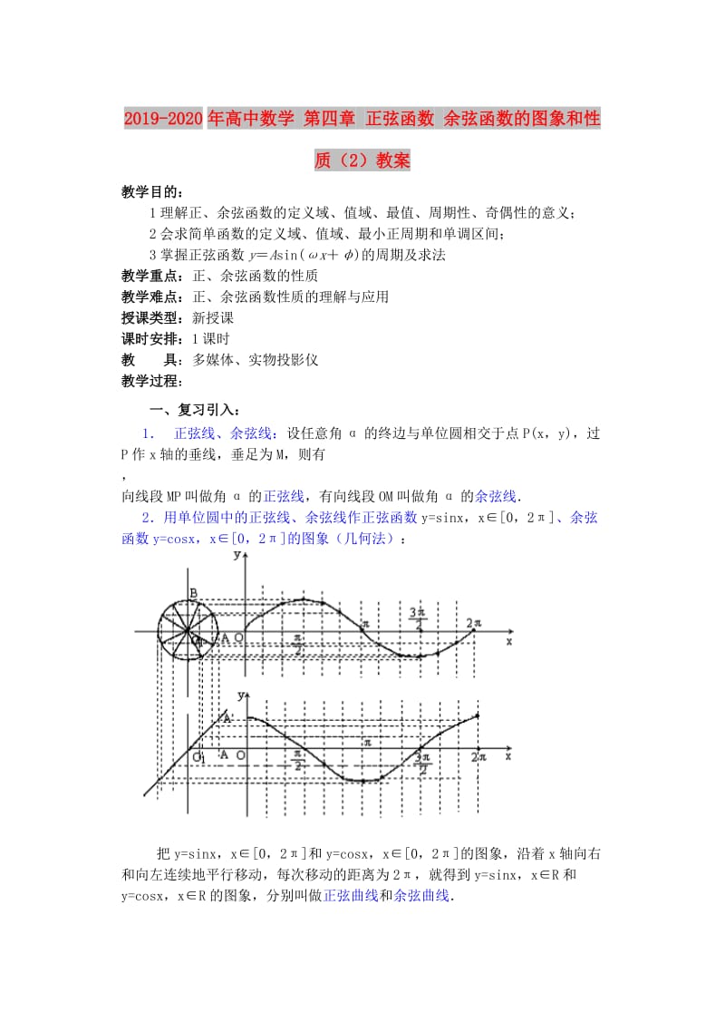 2019-2020年高中数学 第四章 正弦函数 余弦函数的图象和性质（2）教案.doc_第1页