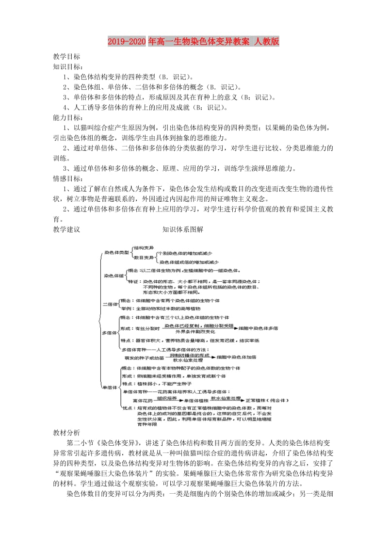 2019-2020年高一生物染色体变异教案 人教版.doc_第1页