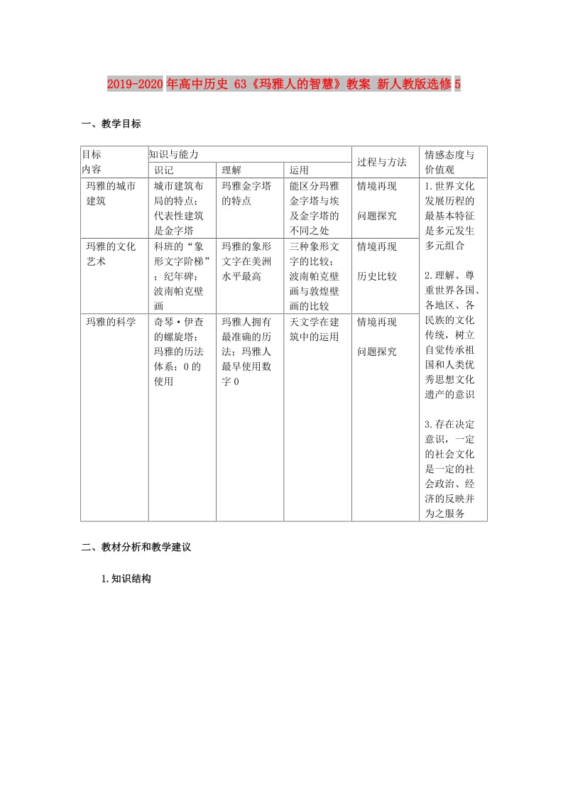 2019-2020年高中历史 63《玛雅人的智慧》教案 新人教版选修5.doc_第1页