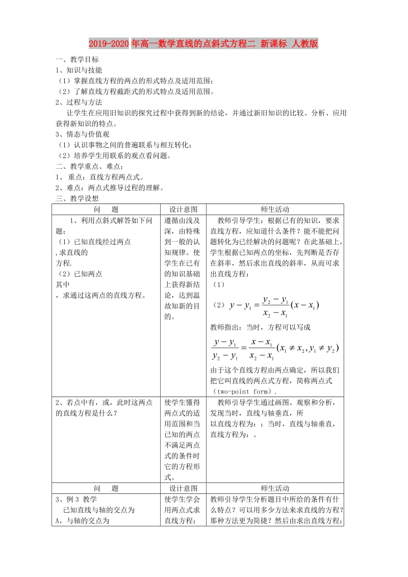 2019-2020年高一数学直线的点斜式方程二 新课标 人教版.doc_第1页