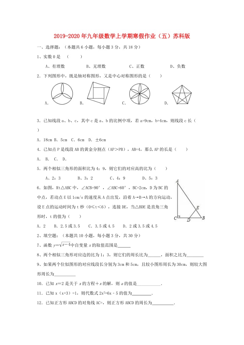 2019-2020年九年级数学上学期寒假作业（五）苏科版.doc_第1页