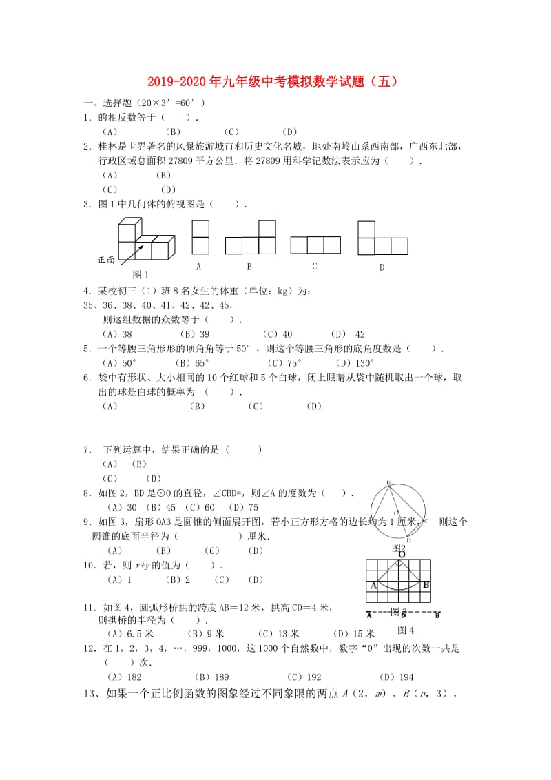 2019-2020年九年级中考模拟数学试题（五）.doc_第1页