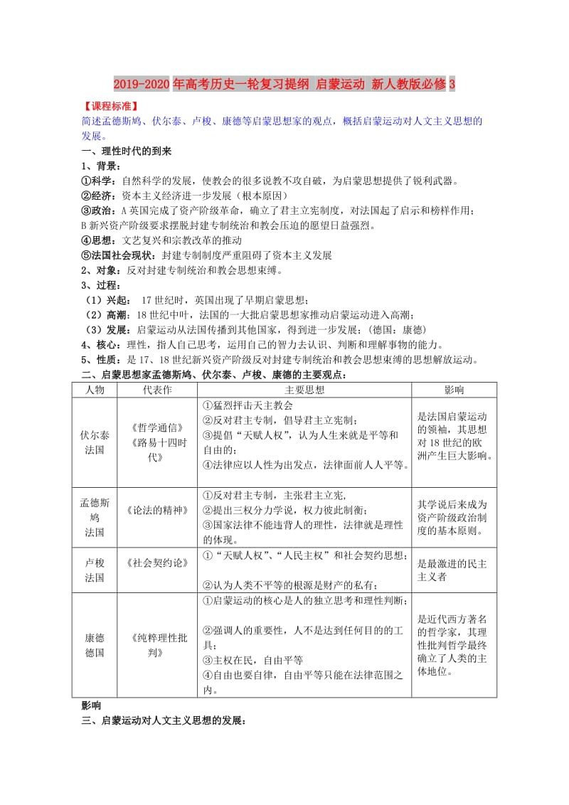 2019-2020年高考历史一轮复习提纲 启蒙运动 新人教版必修3.doc_第1页