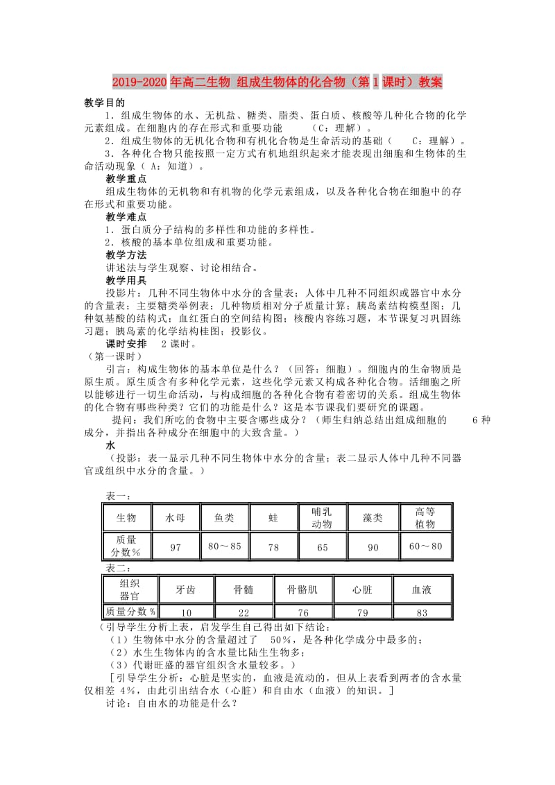 2019-2020年高二生物 组成生物体的化合物（第1课时）教案.doc_第1页