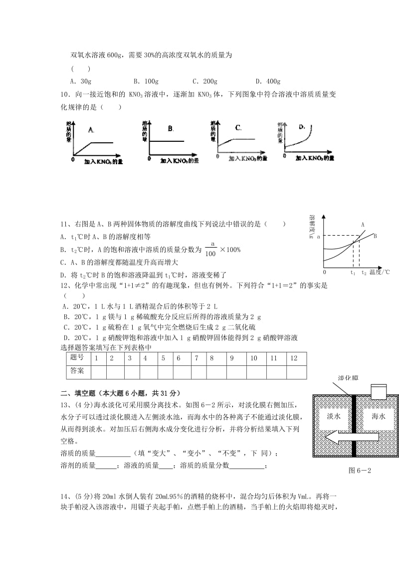 2019-2020年九年级下册：第9单元 溶液 单元测试题及答案.doc_第2页