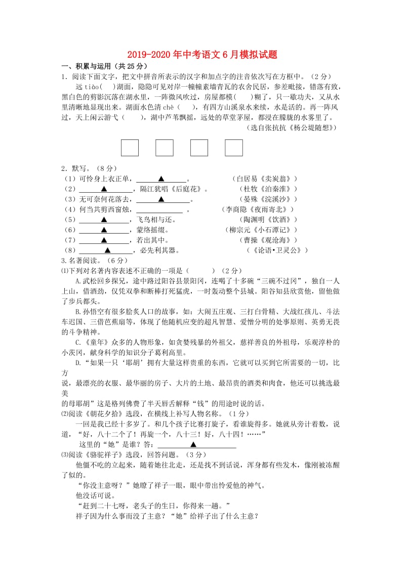 2019-2020年中考语文6月模拟试题.doc_第1页