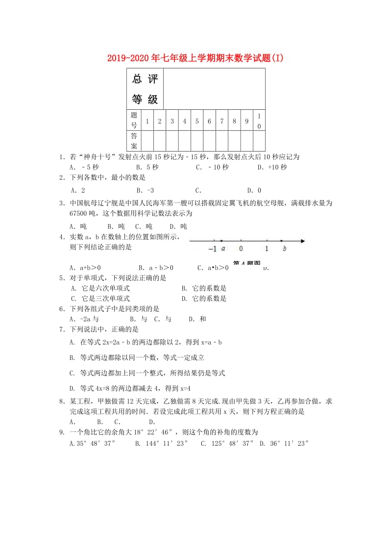 2019-2020年七年级上学期期末数学试题(I).doc_第1页