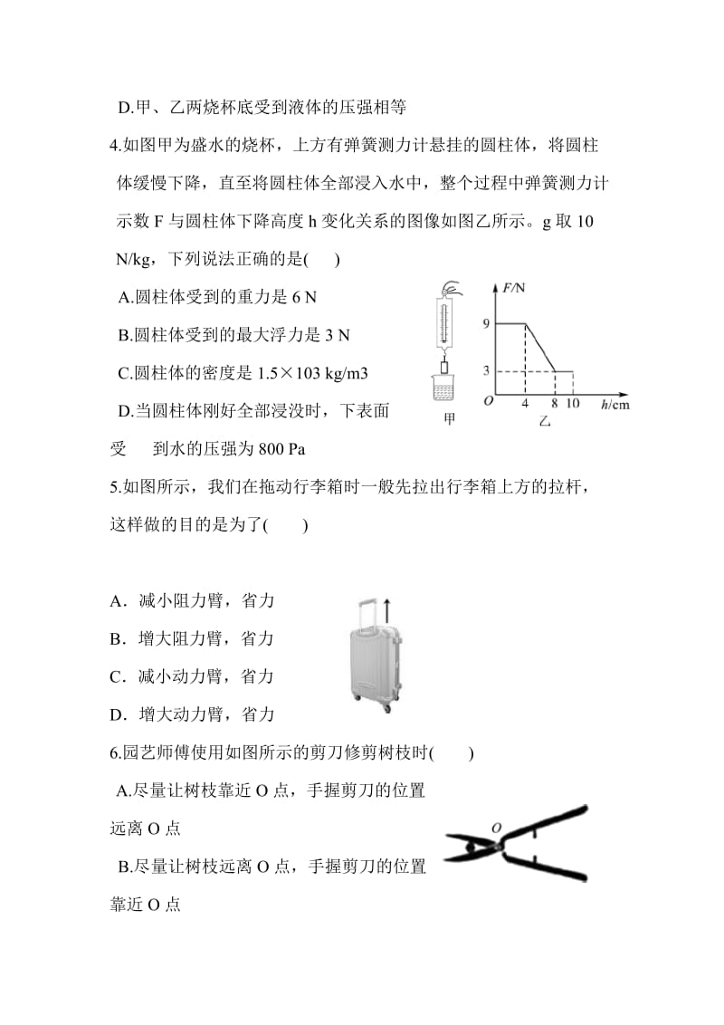 2019-2020年中考物理复习 阶段检测题（三）-第九章——第十章.doc_第2页