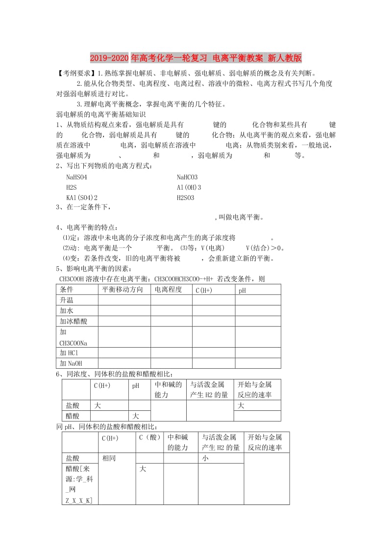 2019-2020年高考化学一轮复习 电离平衡教案 新人教版.doc_第1页