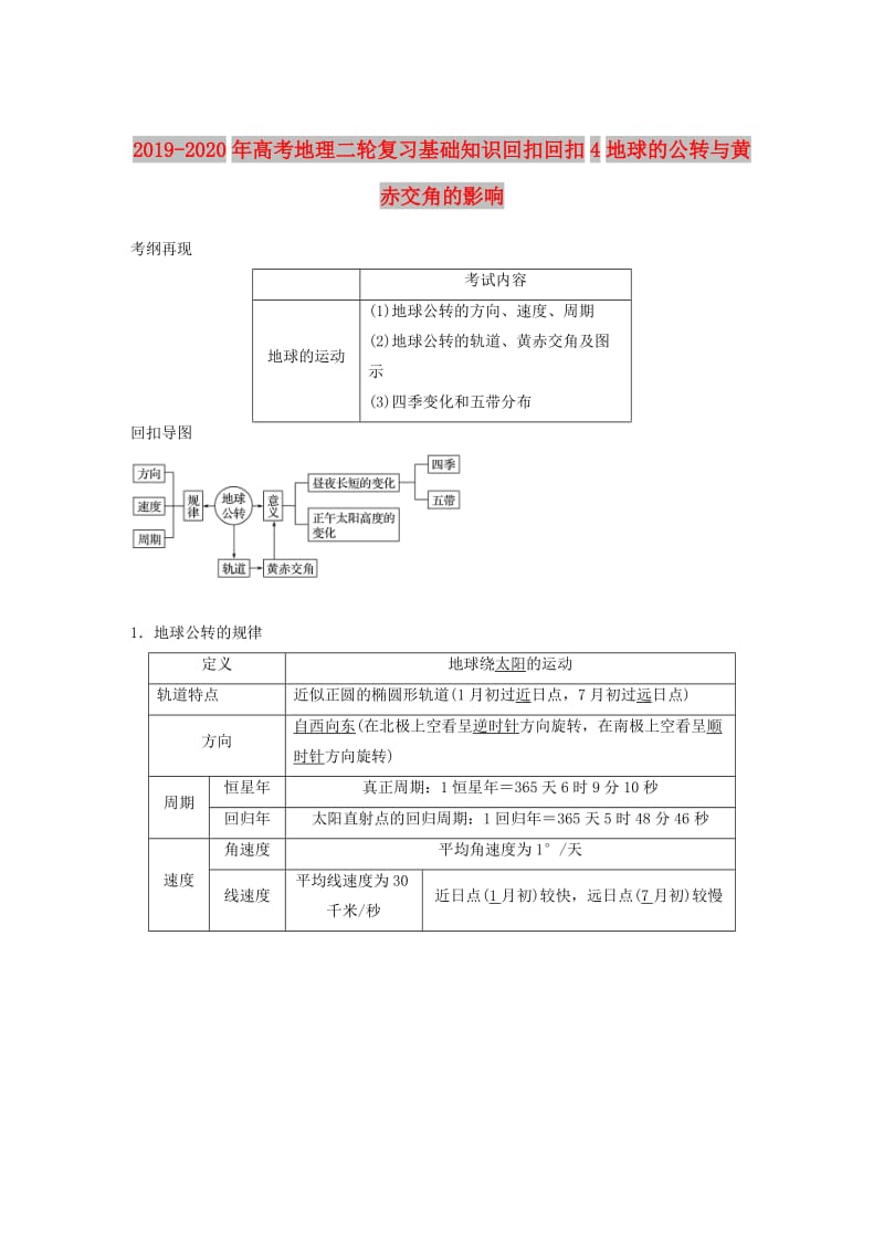 2019-2020年高考地理二轮复习基础知识回扣回扣4地球的公转与黄赤交角的影响.doc_第1页